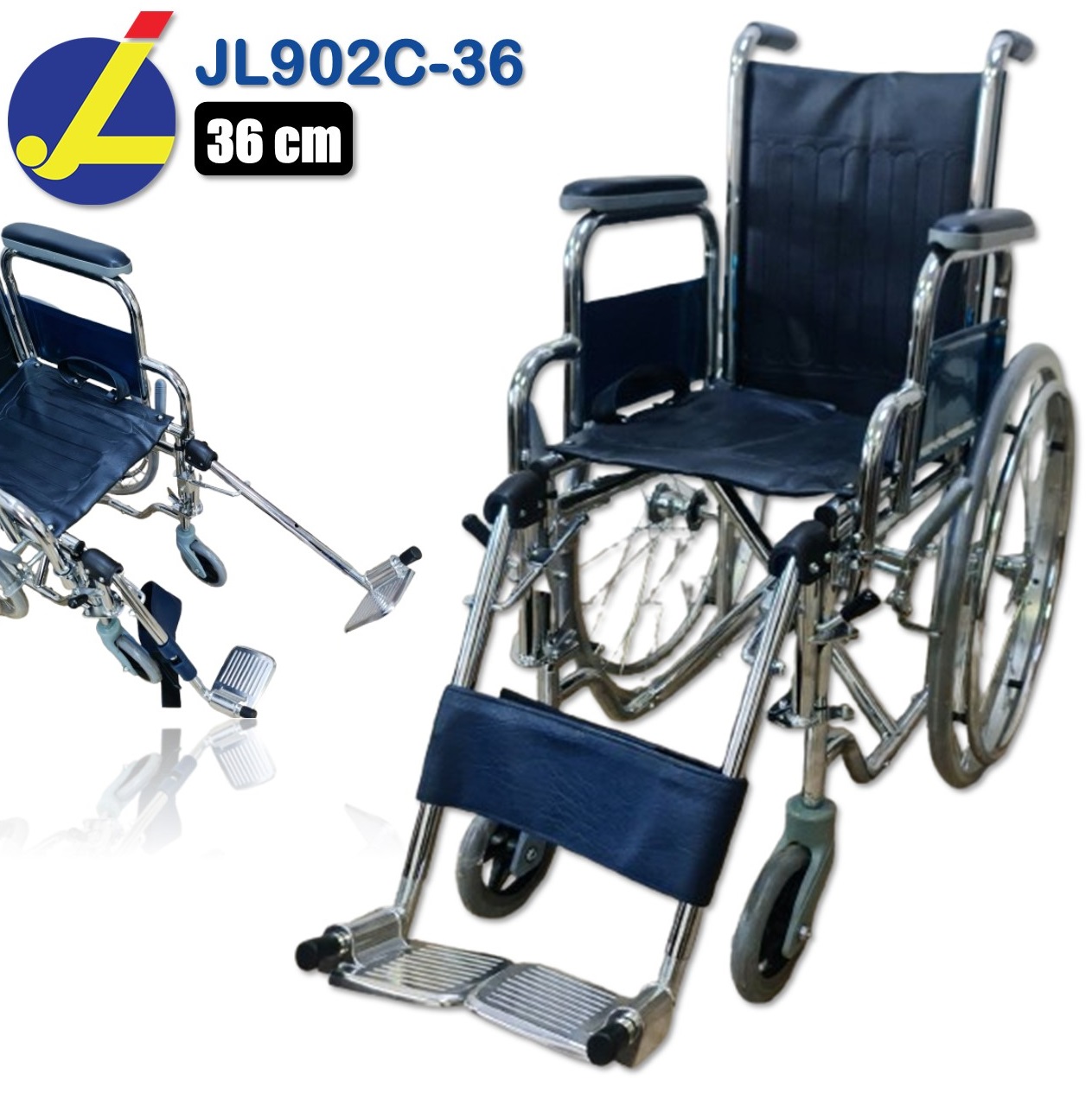 كرسي مقعدين ستيل 36 سم مسند قدم قابل للتعديل و الإزالة مسند ذراع قابل للتعديل و الإزالة Standard Steel Wheelchair JIANLIAN JL902C-36